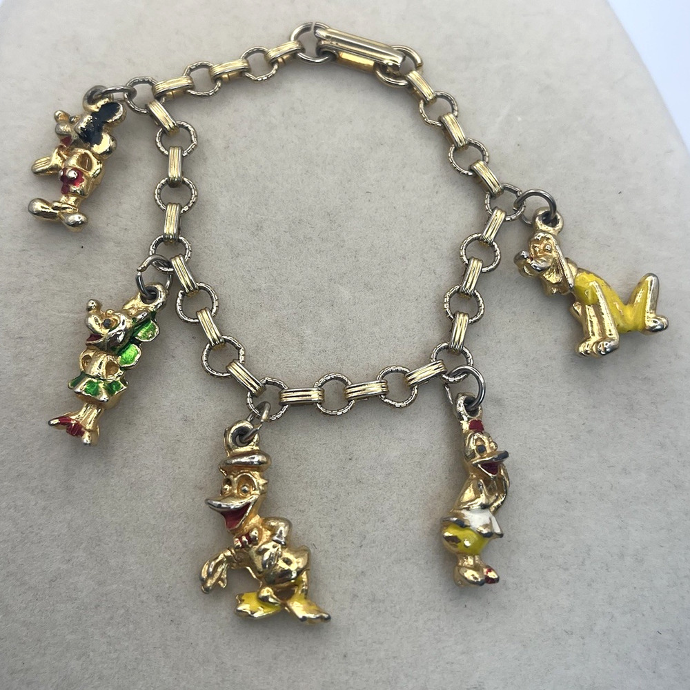 Disney Mickey Mouse Charm Bracelet Childrens Gold Tone 6" 1950s Vintage 50s